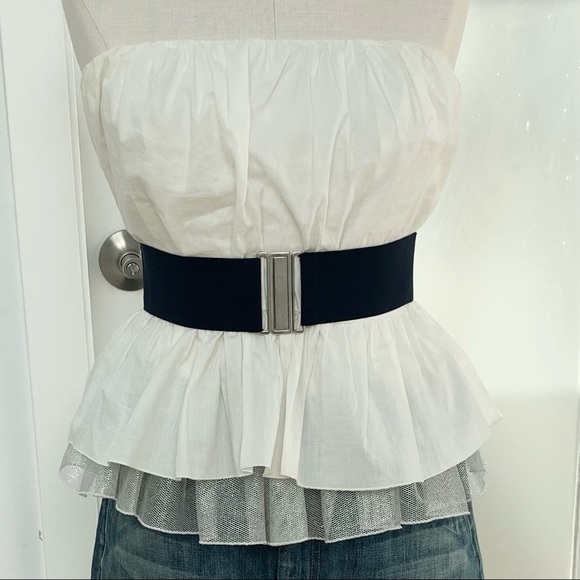 Y2K early 2000’s J Lo peplum strapless top with attached elastic navy belt. - Picture 1 of 3